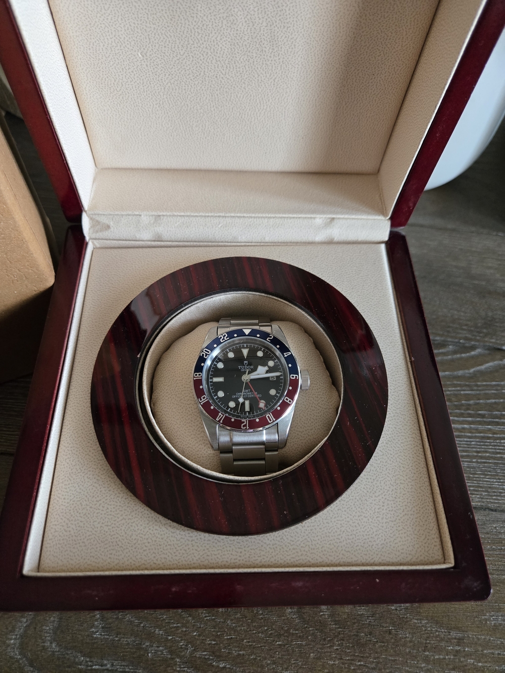 Stainless Steel Men's GMT Watch with Blue and Red Bezel